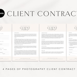 Puede incluir: Una plantilla de contrato de cliente para fotograf&iacute;a de cuatro p&aacute;ginas con el t&iacute;tulo "CLIENT CONTRACT" en una fuente negra sin serifas. El contrato incluye secciones para la informaci&oacute;n del cliente, la informaci&oacute;n de la sesi&oacute;n, los servicios de fotograf&iacute;a y las firmas.