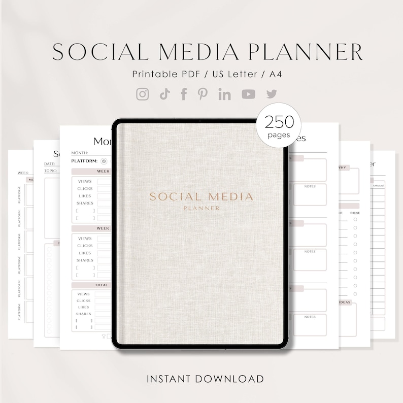 May include: A digital tablet displaying a social media planner with a beige linen texture. The planner includes sections for tracking views, clicks, likes, and shares for each platform. The text "SOCIAL MEDIA PLANNER" is displayed on the tablet screen. The text "250 pages" is displayed in the upper right corner of the image. The text "INSTANT DOWNLOAD" is displayed at the bottom of the image.
