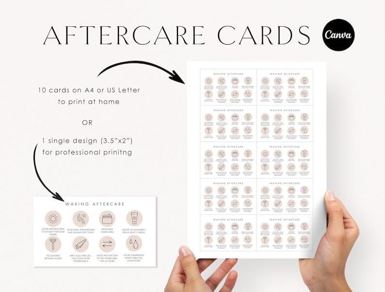 May include: A printable set of 10 waxing aftercare cards with instructions for home use. The cards feature a sun, a calendar, a jar of cream, a tube of lotion, a razor, a thermometer, a pair of arrows, and a drop of water. The cards are designed to be printed on A4 or UK Letter paper.