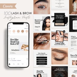 May include: A digital marketing template for lash and brow Instagram posts. The image shows a smartphone with a post, surrounded by informational graphics. The posts cover topics like lash extensions, brow shaping, and lash baths.
