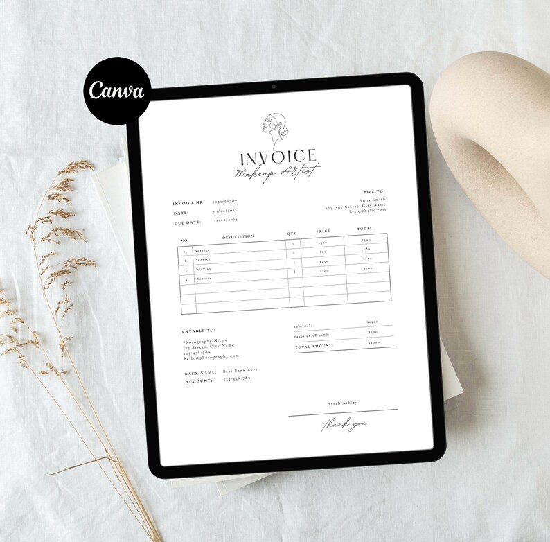 May include: A black and white invoice template for a makeup artist. The invoice includes the invoice number, date, due date, description, quantity, price, and total. The invoice also includes the name and contact information for the makeup artist and the client.