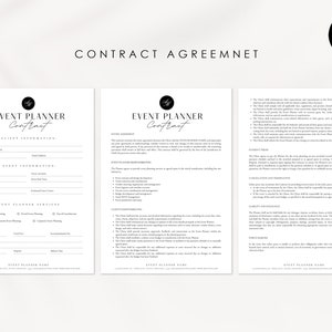 May include: A black and white printable contract agreement for event planners. The document includes sections for client information, event information, event planner services, payment terms, cancellation and termination, liability and insurance, and event planner name.