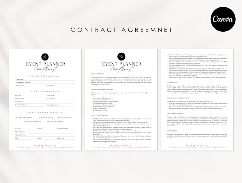 May include: A black and white printable contract agreement for event planners. The document includes sections for client information, event information, event planner services, payment terms, cancellation and termination, liability and insurance, and event planner name.