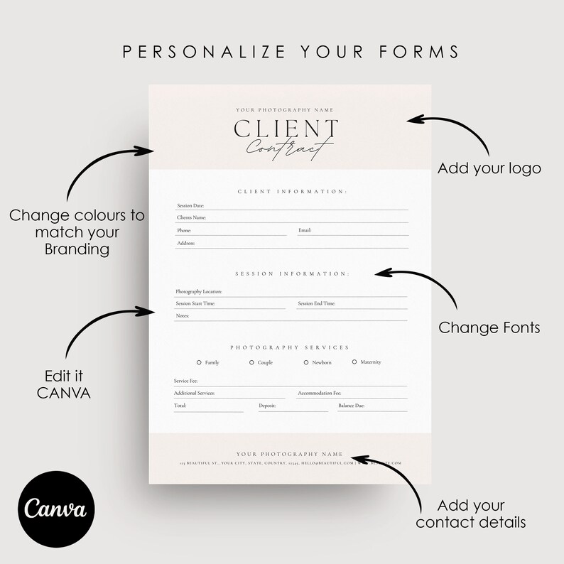 Puede incluir: Una plantilla de contrato de cliente personalizable para fot&oacute;grafos. La plantilla incluye secciones para la informaci&oacute;n del cliente, la informaci&oacute;n de la sesi&oacute;n, los servicios de fotograf&iacute;a y los datos de contacto. La plantilla est&aacute; dise&ntilde;ada para ser editada en Canva.