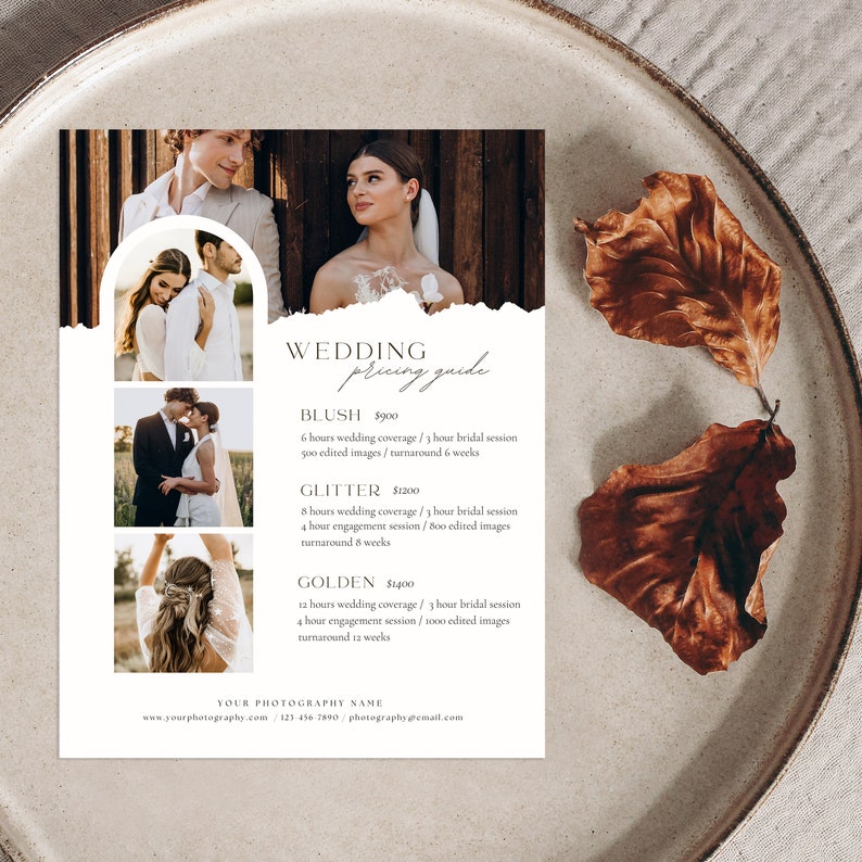 May include: Wedding photography pricing guide with three packages: Blush, Glitter, and Golden. Each package includes a different number of hours of wedding coverage, engagement sessions, edited images, and turnaround time.