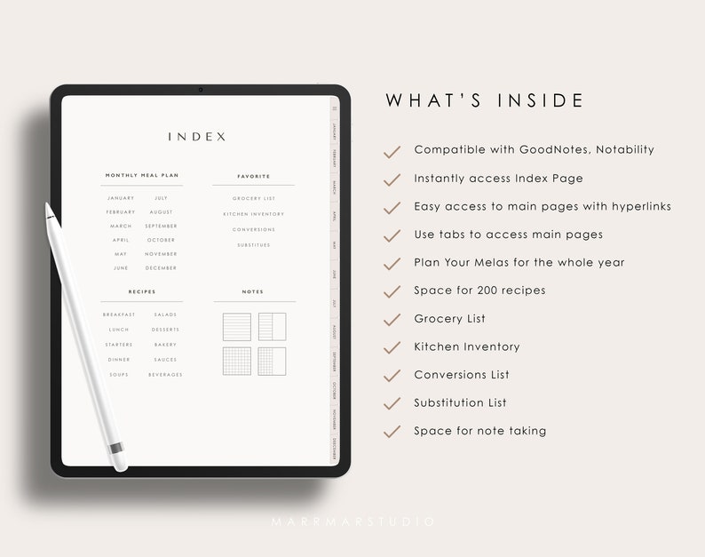 Pu&ograve; includere: Un planner digitale per la pianificazione dei pasti, con sfondo bianco e testo nero. Il planner include sezioni per piani pasto mensili, ricette, note, liste della spesa, inventario della cucina, conversioni e sostituzioni. Il planner &egrave; compatibile con GoodNotes e Notability.
