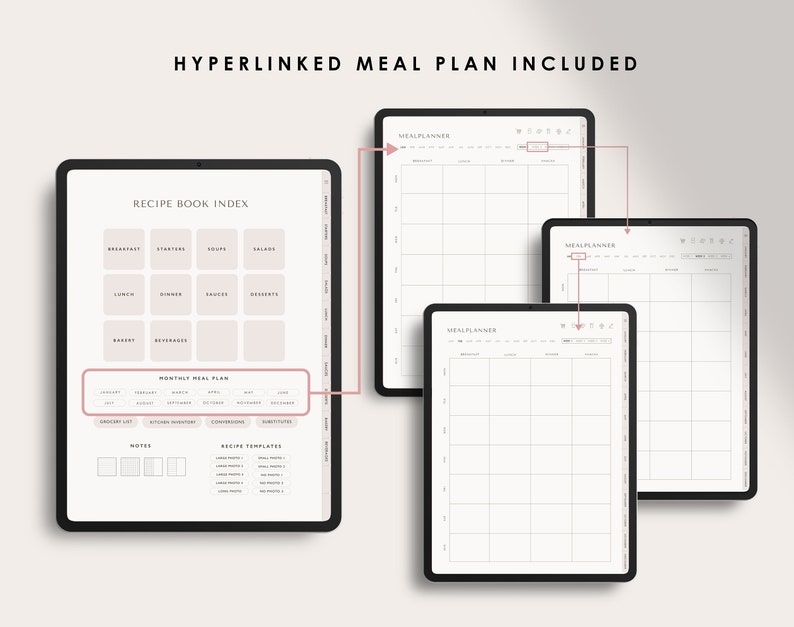 Puede incluir: Un planificador digital para la planificaci&oacute;n de comidas con un &iacute;ndice de libro de recetas, un plan de comidas mensual, una lista de la compra, un inventario de cocina, recetas y sustituciones. El planificador incluye tres p&aacute;ginas de planificador de comidas con un dise&ntilde;o semanal.