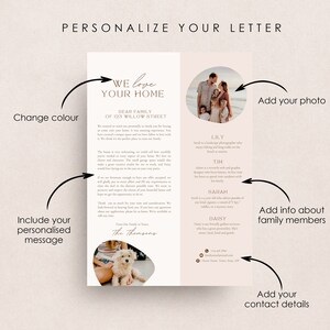 May include: A customizable letter template for a new home. The template features a pink background with a white border and includes a photo of a family, a dog, and a personalized message. The text includes the family's name, address, and contact information. The template is perfect for sending a thank you note to friends and family after moving into a new home.