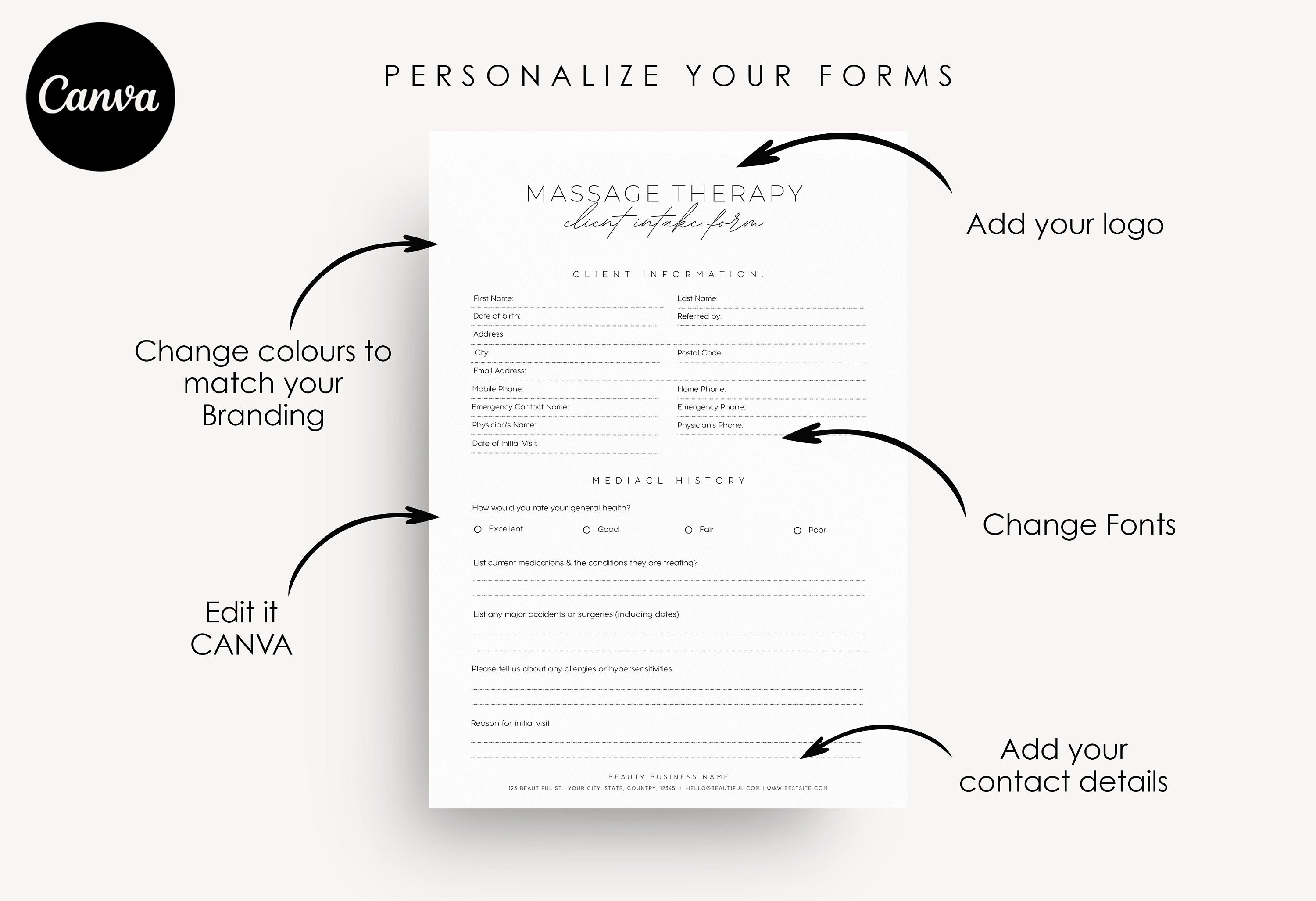 Editable Massage Therapy Forms: Client Intake, SOAP Notes (canva ...