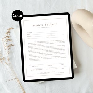 May include: A model release form on a tablet screen. The form includes fields for the model's name, address, email, phone number, and location. The form also includes a section for the photographer's name and a signature line for the model and parent or guardian.