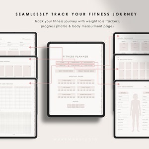 Puede incluir: Un planificador de fitness digital con p&aacute;ginas para hacer un seguimiento de la p&eacute;rdida de peso, fotos de progreso, medidas corporales y desaf&iacute;os. El planificador incluye secciones para el seguimiento diario y mensual, as&iacute; como notas.