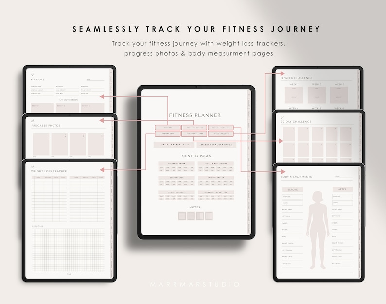 Puede incluir: Un planificador de fitness digital con p&aacute;ginas para hacer un seguimiento de la p&eacute;rdida de peso, fotos de progreso, medidas corporales y desaf&iacute;os. El planificador incluye secciones para el seguimiento diario y mensual, as&iacute; como notas.