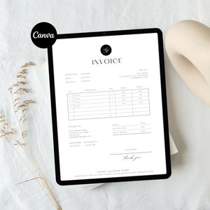 May include: A black and white invoice template on a tablet screen. The invoice is for an event planner and includes the invoice number, date, due date, description, quantity, price, and total. The invoice also includes the name and address of the client and the event planner's contact information.