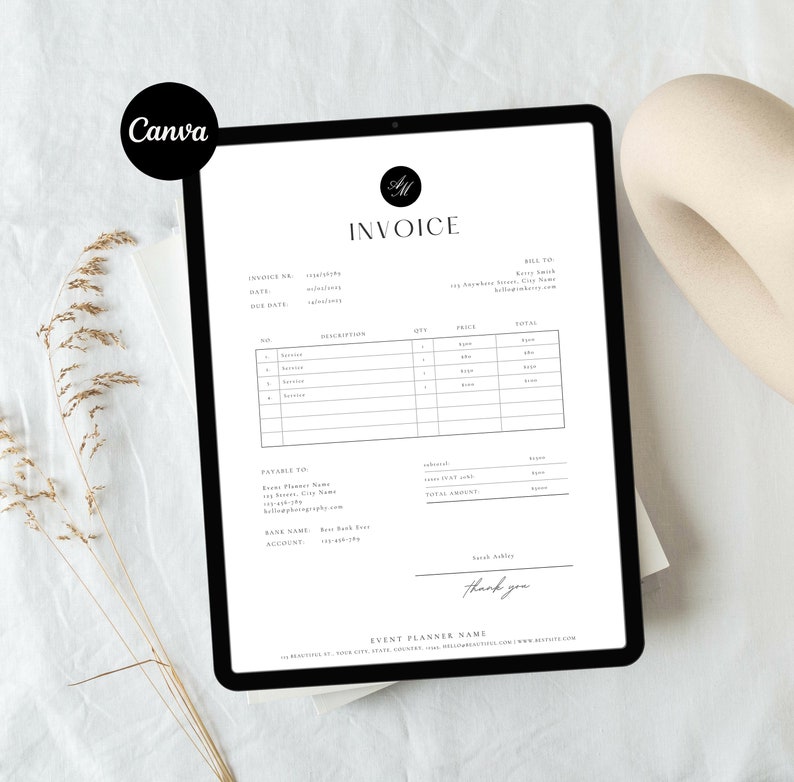 May include: A black and white invoice template on a tablet screen. The invoice is for an event planner and includes the invoice number, date, due date, description, quantity, price, and total. The invoice also includes the name and address of the client and the event planner's contact information.
