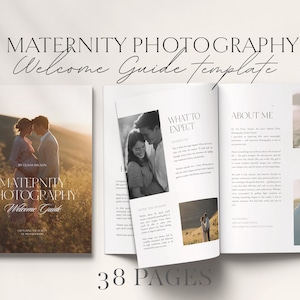 Op de afbeelding: Een sjabloon voor een welkomstgids voor zwangerschapsfotografie. De omslag toont een stel in een veld bij zonsondergang. De open gids toont foto's en tekst, waaronder "What to Expect" en "About Me". De gids heeft 38 pagina's.