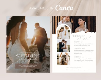 Op de afbeelding: Prijskaart voor bruiloftfotografie met drie pakketten: Blush, Glitter en Golden. Elk pakket omvat een ander aantal uren aan bruiloftdekking, uren voor de bruidssessie en uren voor de verlovingssessie. De gids bevat ook het aantal bewerkte afbeeldingen en de doorlooptijd.