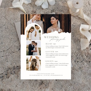 May include: Wedding photography pricing guide with three different package options: Blush, Glitter, and Golden. Each package includes a different number of hours of coverage, edited images, and turnaround time. The guide also includes the photographer's website and contact information.
