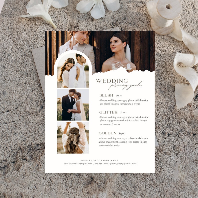 May include: Wedding photography pricing guide with three different package options: Blush, Glitter, and Golden. Each package includes a different number of hours of coverage, edited images, and turnaround time. The guide also includes the photographer's website and contact information.