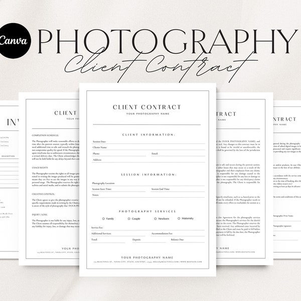 Modèle de contrat client photographie | Formulaires de photographie | Accord client | Contrat pour les photographes | Modèle de toile