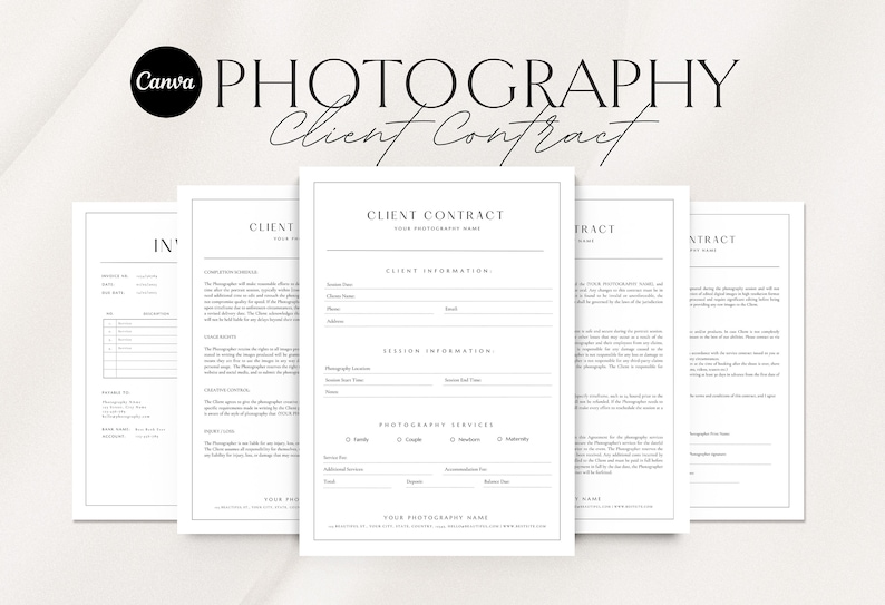 Pu&ograve; includere: Un modello di contratto cliente di fotografia in bianco e nero con il titolo "Photography Client Contract". Il contratto include sezioni per le informazioni del cliente, le informazioni sulla sessione, i servizi fotografici e una riga di firma.