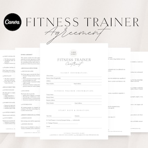 May include: A fitness trainer agreement template with a minimalist design. The document includes sections for client and trainer information, start date, duration, and agreement terms. The Canva logo is visible in the upper left corner.