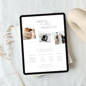 May include: A digital tablet displaying a price list for prints and other products, such as albums, announcements, flat prints, and canvas prints. The text "PRINTS & other PRODUCTS" is at the top of the page. The text "SPECIAL OFFER" is at the bottom of the page.