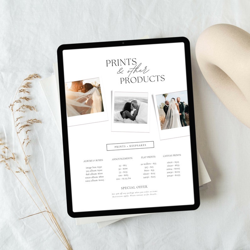 May include: A digital tablet displaying a price list for prints and other products, such as albums, announcements, flat prints, and canvas prints. The text "PRINTS & other PRODUCTS" is at the top of the page. The text "SPECIAL OFFER" is at the bottom of the page.