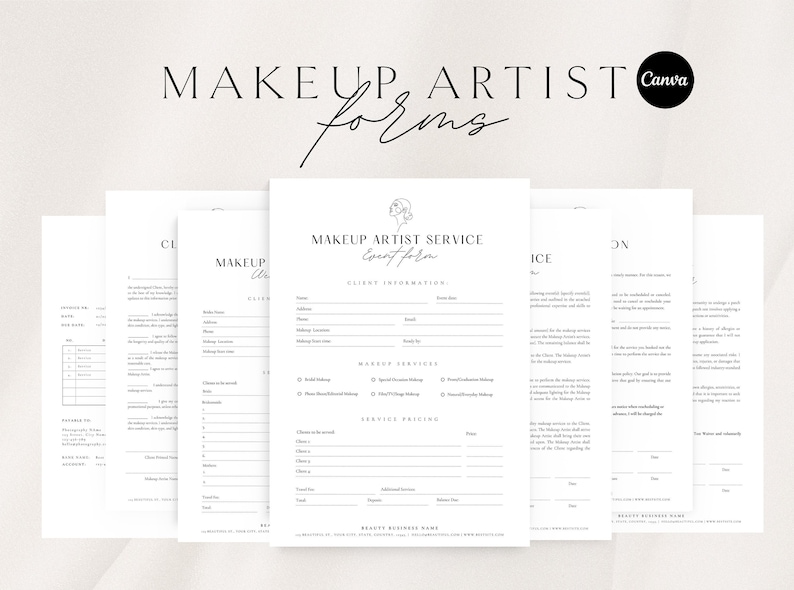 May include: A set of printable makeup artist service forms with a minimalist design. The forms include sections for client information, makeup services, service pricing, and a beauty business name.