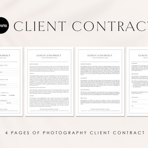 Pu&ograve; includere: Modello di contratto cliente per la fotografia in bianco e nero su quattro pagine con il testo "CLIENT CONTRACT" in cima a ogni pagina.