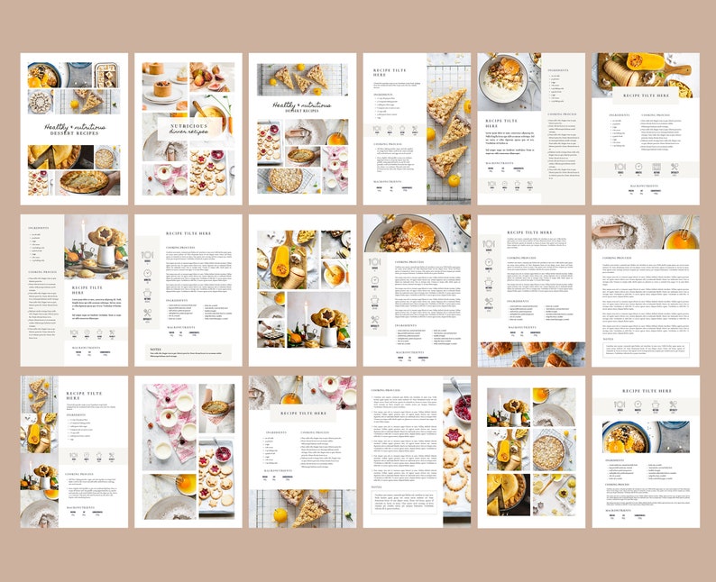 May include: A collection of 12 recipe cards featuring a variety of healthy and nutritious dessert recipes. Each card includes a collage of photos of the finished dessert, along with the recipe title and a section for recipe instructions.
