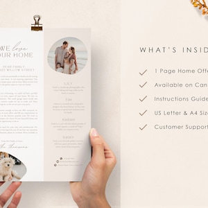 May include: A printable home offer letter template with a family photo and a list of features, including a one-page letter, availability on Canva, instructions guide, US letter and A4 size, and customer support.