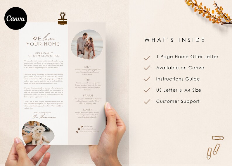 May include: A printable home offer letter template with a family photo and a list of features, including a one-page letter, availability on Canva, instructions guide, US letter and A4 size, and customer support.