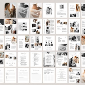 May include: A wedding photography guide with a white and gray color scheme. The guide includes information on wedding photography packages, tips, and a questionnaire. The guide also features several images of wedding photography.