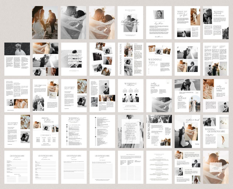 May include: A wedding photography guide with a white and gray color scheme. The guide includes information on wedding photography packages, tips, and a questionnaire. The guide also features several images of wedding photography.