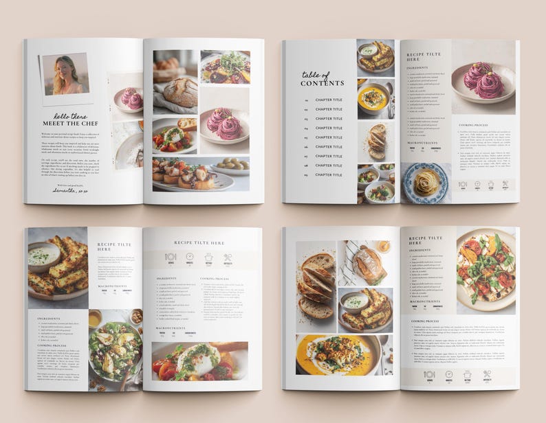 May include: A cookbook with a light beige cover, open to display various food photography. The pages feature images of dishes, including pasta, bread, and salads. Text includes "Table of Contents" and "Recipe Tilts Here."