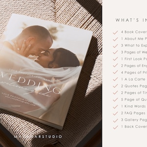 May include: A 38-page wedding photography guide with a couple on the cover. The guide includes information about the photographer, pricing, and what to expect on your wedding day.