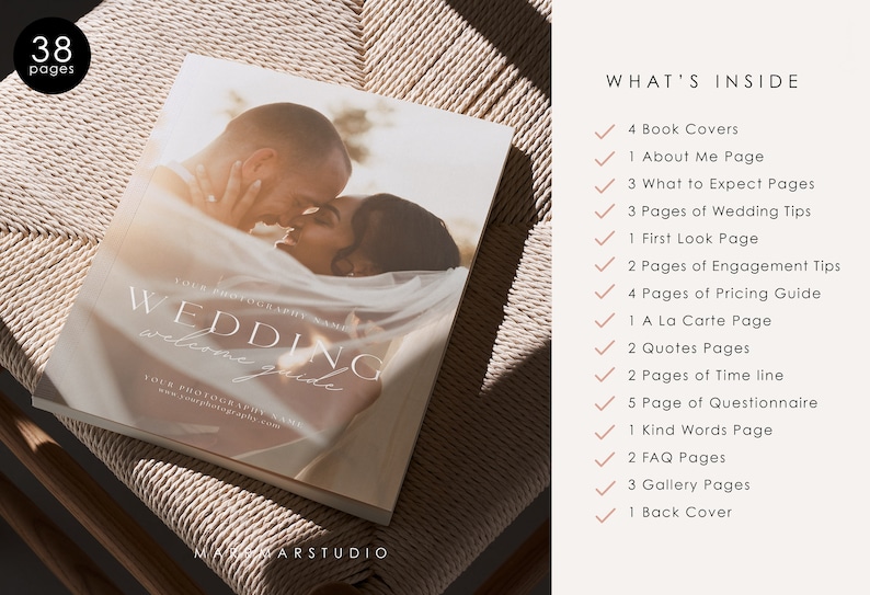 May include: A 38-page wedding photography guide with a couple on the cover. The guide includes information about the photographer, pricing, and what to expect on your wedding day.