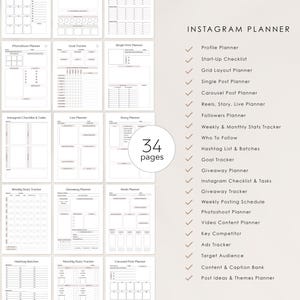 May include: A printable Instagram planner with 34 pages. The planner includes sections for profile planning, content creation, scheduling, and tracking. The planner is designed to help users plan and manage their Instagram presence.