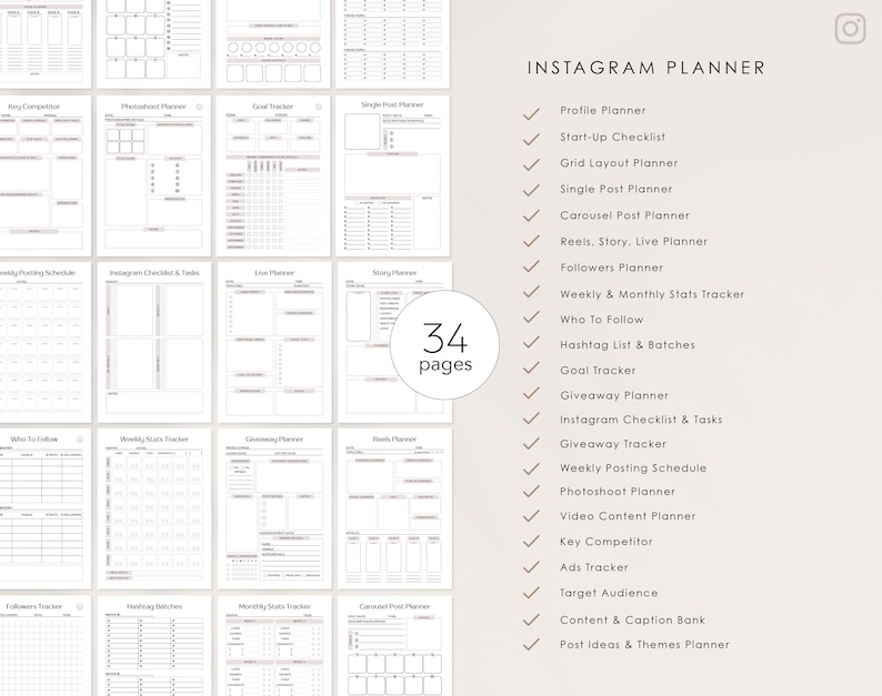 May include: A printable Instagram planner with 34 pages. The planner includes sections for profile planning, content creation, scheduling, and tracking. The planner is designed to help users plan and manage their Instagram presence.