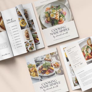 May include: Open cookbook titled "COOKING MADE SIMPLE by Sarah Smith" with food photography. The book is open to a table of contents and recipe pages. The cover features a plate of food. The pages are white with black text.