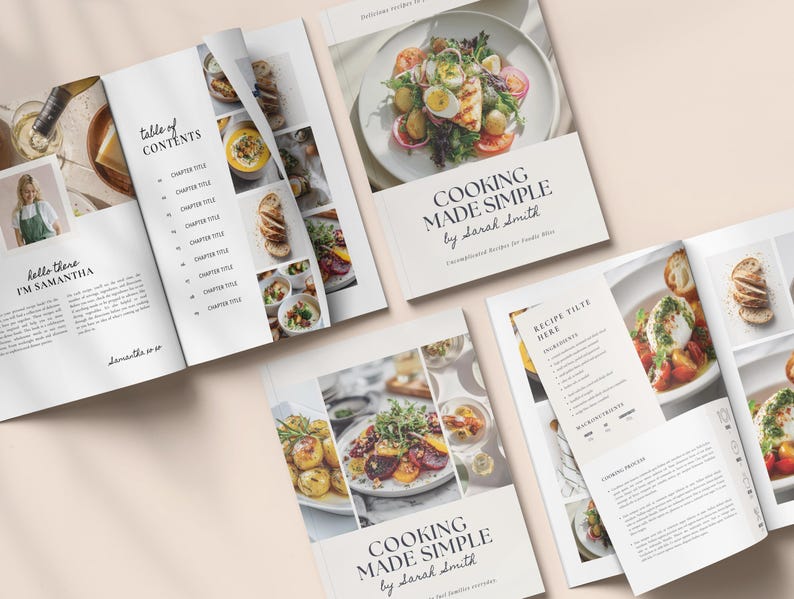 May include: Open cookbook titled "COOKING MADE SIMPLE by Sarah Smith" with food photography. The book is open to a table of contents and recipe pages. The cover features a plate of food. The pages are white with black text.