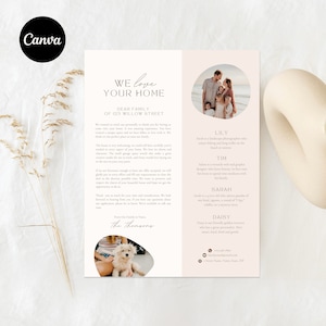 May include: A light pink and brown welcome card with a photo of a family on the beach. The card has a message that says "We love your home" and includes the family's names and ages. The card also has a photo of a dog.