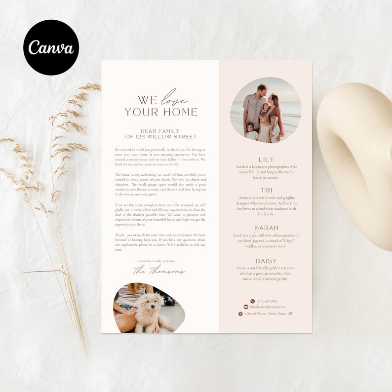 May include: A light pink and brown welcome card with a photo of a family on the beach. The card has a message that says "We love your home" and includes the family's names and ages. The card also has a photo of a dog.