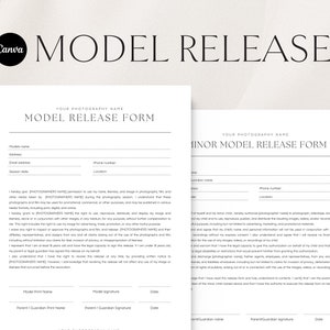 May include: Two model release forms, one for adults and one for minors. Both forms include fields for the model's name, address, phone number, location, and session date. The forms also include space for the model's signature and the parent or guardian's signature.
