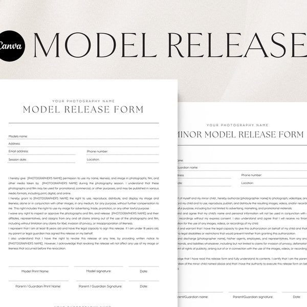 Model Release Form Template | Minor Model Release Form | Photography Forms | Contract for Photographers | Canva Template