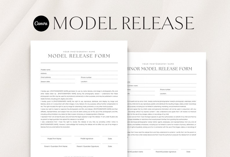 Model Release Form Template Minor Model Release Form Etsy