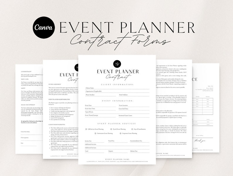 May include: A set of four black and white printable event planner contract forms. The forms include sections for client information, event information, event planning services, and additional services. The forms are designed to help event planners organize and manage their clients' events.