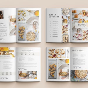 May include: An open cookbook with a white background and a collage of photos of various baked goods, including pies, tarts, and cookies. The text "table of contents" and "nutritious dinner recipes" are visible on the pages.