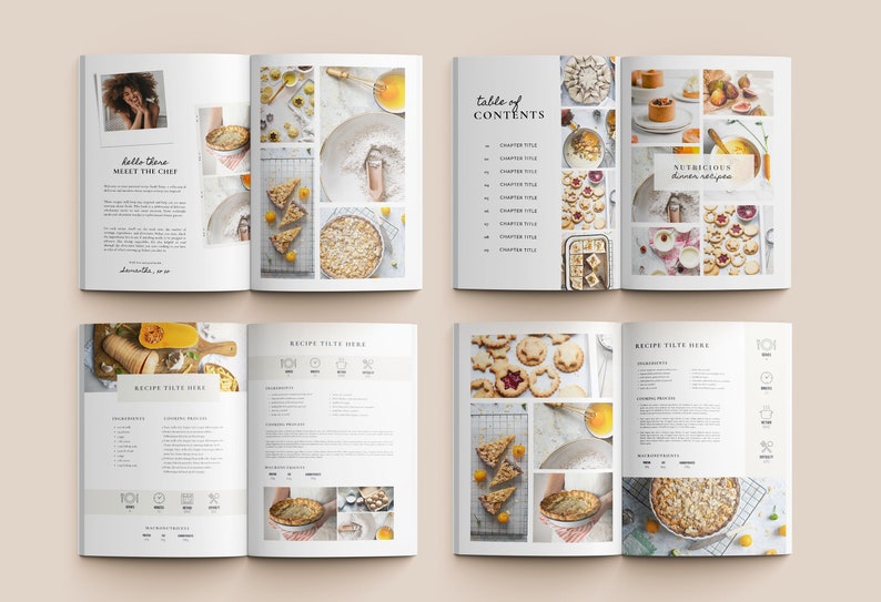 May include: An open cookbook with a white background and a collage of photos of various baked goods, including pies, tarts, and cookies. The text "table of contents" and "nutritious dinner recipes" are visible on the pages.