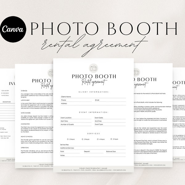 Editable Photo Booth Rental Agreement Template | Photo Booth Contract Template | Photo Booth Template | Canva Template